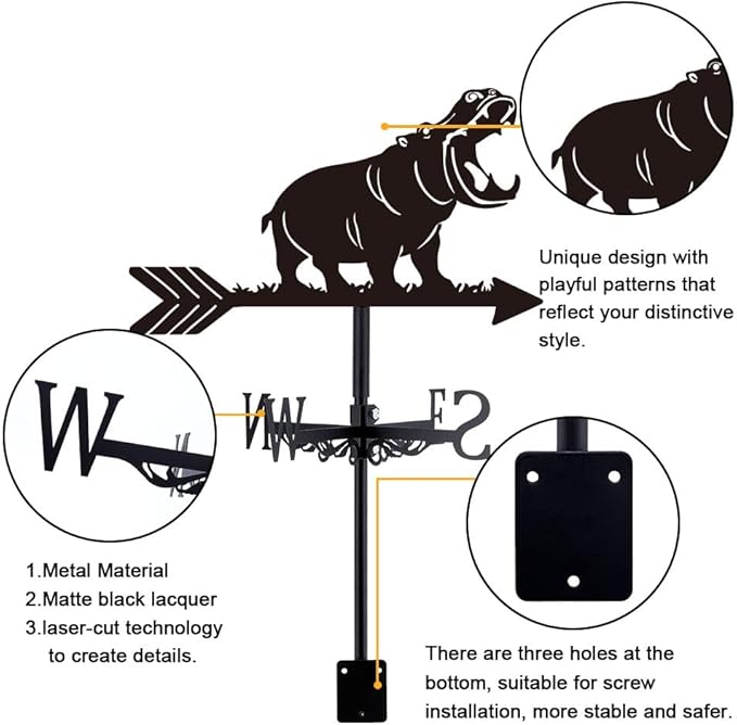 SUPERDANT Hippo Weather Vane for Roof Animal Metal Weathervane Hippo Wind Vanes for Sheds Black Wind Direction Indicator for Farmhouse Yard Farm Shed Garden Decoration