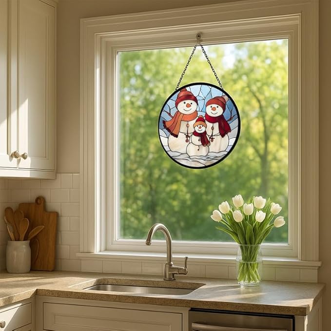 Stained Glass Window Hanging – 7.8 in Snowman Family Panel with Chain， Bathroom Front Door Living Room Garden Winter Holiday Decor， Gift for Mom Wife Lovers