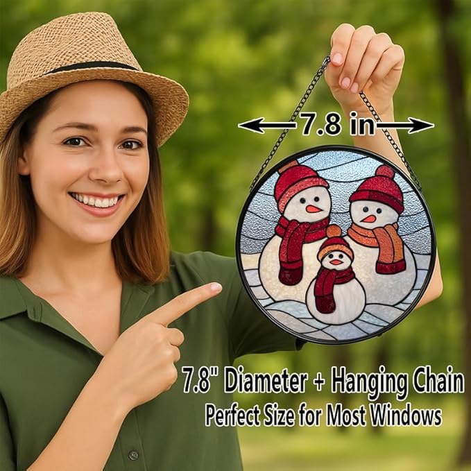 Stained Glass Window Hanging – 7.8 in Snowman Family Panel with Chain， Bathroom Front Door Living Room Garden Winter Holiday Decor， Gift for Mom Wife Lovers