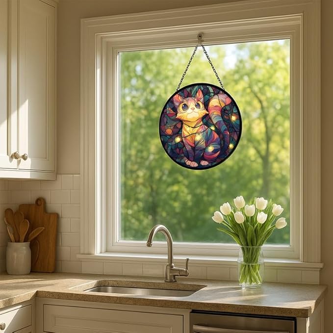 Stained Glass Window Hanging – 9.8 in Cute Cat with Lights Panel with Chain， Bathroom Front Door Living Room Garden Decor， Gift for Mom Wife Lovers