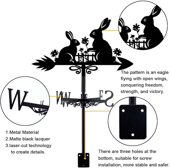 SUPERDANT Rabbit Weathervane Rabbit Weather Vane for Roof Mount Animal Metal Weathervane for Garden Wind Direction Indicators for Farmhouse Yard Outdoor Farm Barn Sheds Patio Decoration