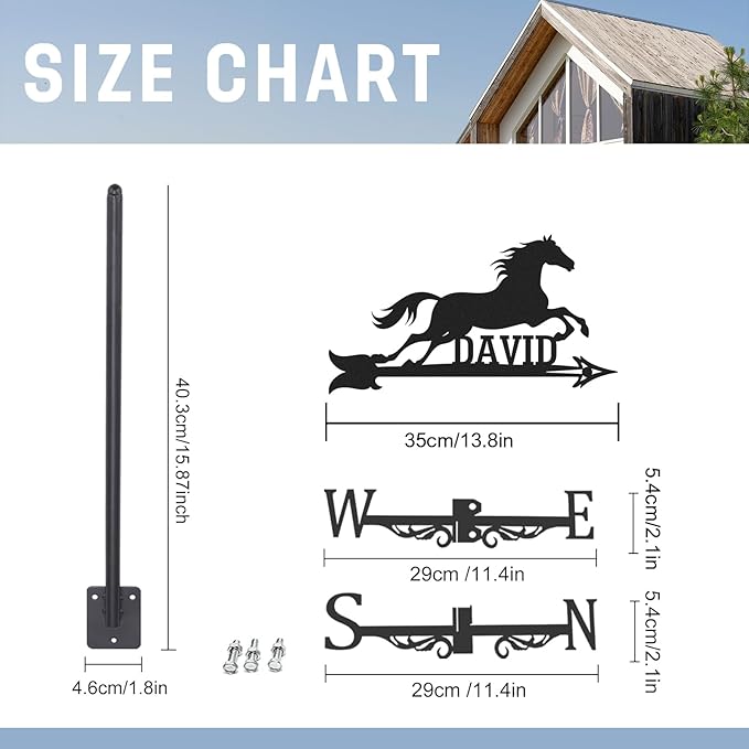 Personalized Horse Metal Weather Vane, Custom Last Name Weathervane, Wind Direction Indicator, Weather Vanes Roof Mount, Wind Vane Outdoor Decor for Farmhouse Garden Yard Cupolas, Customized Gifts
