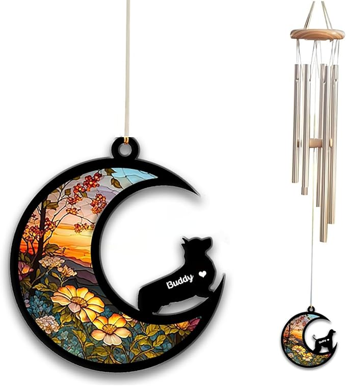 Corgi Sun Catcher Wind Chime, Custom Sunflower Suncatcher Dog Memorial Wind Chime, Dog Loss Gift, Dog Sympathy Gift, Pet Loss Suncatcher, Outdoor Garden Decor