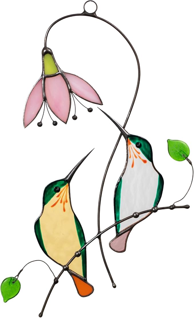 Hummingbird Cardinal Birds Stained Glass Suncatcher Genuine Stained Glass Window Hangings Unique Indoor Ornament & Outdoor Decor (Two Hummingbirds)