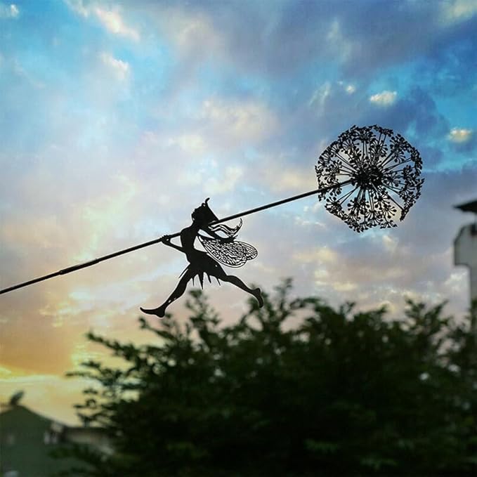 Flower Fairy Dancing with Dandelion Garden Art Sculpture Stainless Steel Statue Christmas Halloween Decoration for Outdoor Yard Courtyard Lawn Patio Metal Ornaments (Long Travel)