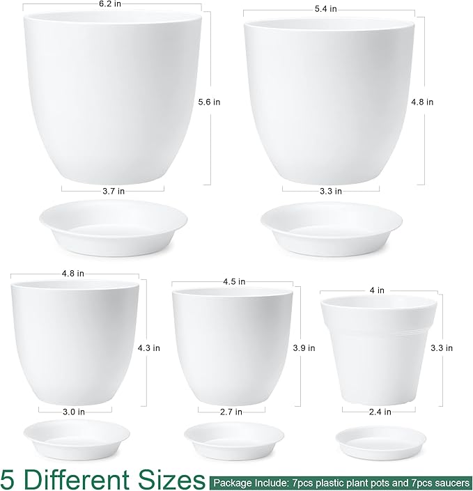 7 Pack Mix Size Plastic Plant Pots, 6.2/5.4/4.8/4.5/4 inch Indoor Planters with Drainage Holes and Tray, Thickened Plastic Flowers Pots for Plants, Succulents, Snake Plant and Cactus, White