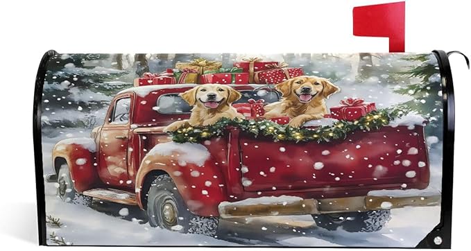 ALAZA Christmas Red Truck Dog Snowflakes Magnetic Mailbox Cover MailWraps Garden Yard Home Decor for Outside Oversized-25.5" x20.8"