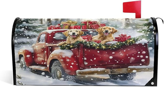 ALAZA Christmas Red Truck Dog Snowflakes Magnetic Mailbox Cover MailWraps Garden Yard Home Decor for Outside Oversized-25.5" x20.8"