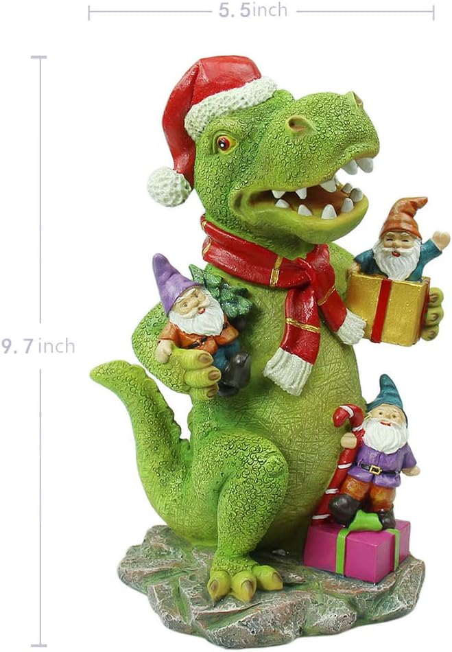 Garden Gnome Statue, Christmas T Rex Dinosaur Statue Figurine Ornament, 10” Dinosaur Gnomes Outdoor Garden Christmas Decorations