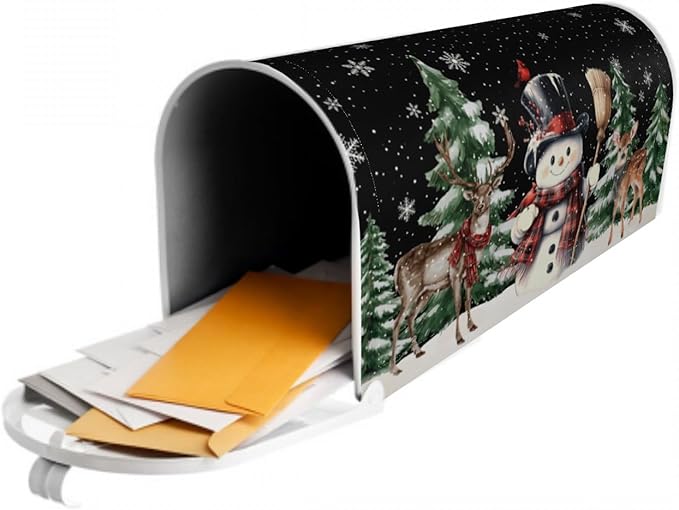 Winter Black Mailbox Covers Magnetic Standard Size 18 x 21 Inch Snowman Snowflake Reindeer Tree Letter Box Cover Outdoor Mail Wraps Cover for Garden Home Yard Decor