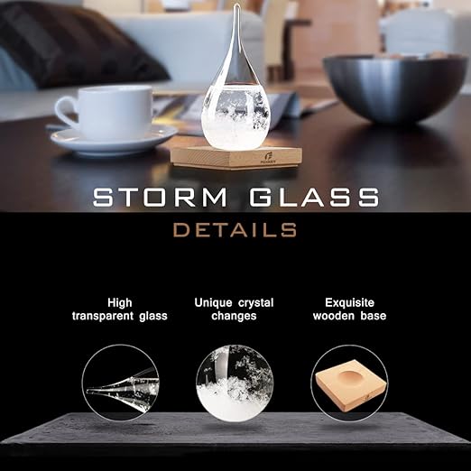 Storm Glass Weather Predictor, Glass Sphere with Wood Base, Christmas Decoration Snow Globe, Storm Glass Weather Forecast Weather Station Unique Christmas Gift