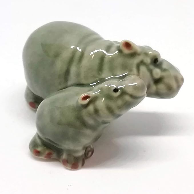 ZOOCRAFT Ceramic Hippo Figurine Mom and Baby Hand Painted Porcelain Terrarium Garden Decor Collectibles