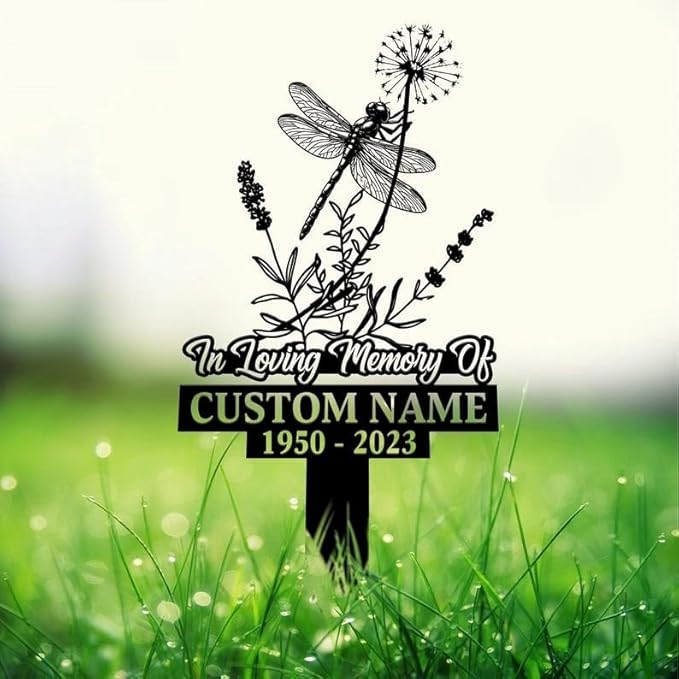 Personalized Dragonfly Memorial Stake – in Loving Memory Metal Grave Marker, Custom Name Sign, Remembrance Garden Stake (Dragonfly Tribute)