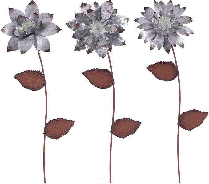 Floral Garden Stake Glow in Dark Outdoor Plant Pick Cute Metal Flower Stick Art Ornament Decorate for Lawn Yard Patio,3 Set