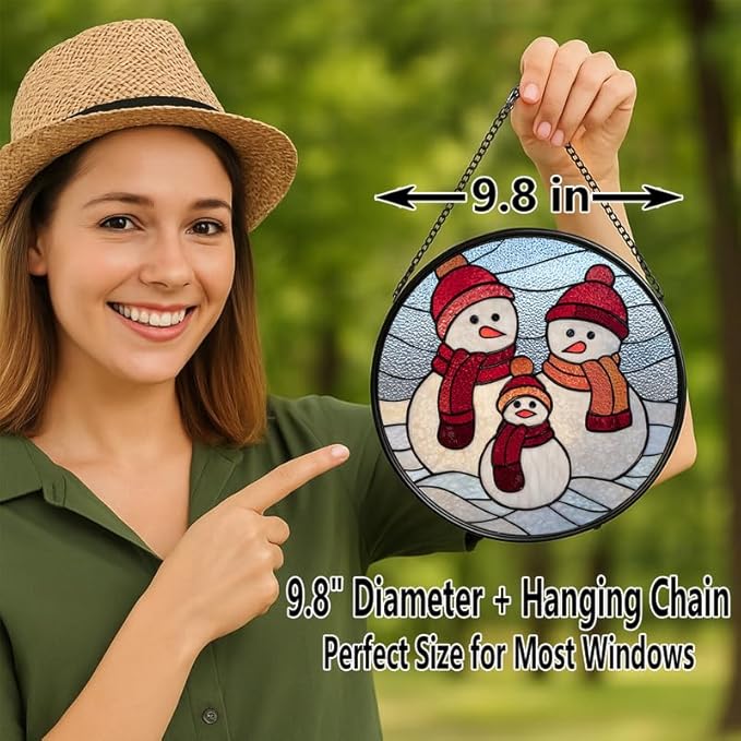 Stained Glass Window Hanging – 9.8 in Snowman Family Panel with Chain， Bathroom Front Door Living Room Garden Winter Holiday Decor， Gift for Mom Wife Lovers