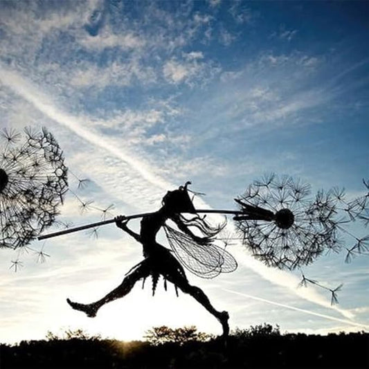 Flower Fairy Dancing with Dandelion Garden Art Sculpture Stainless Steel Statue Christmas Halloween Decoration for Outdoor Yard Courtyard Lawn Patio Metal Ornaments (Long Travel)