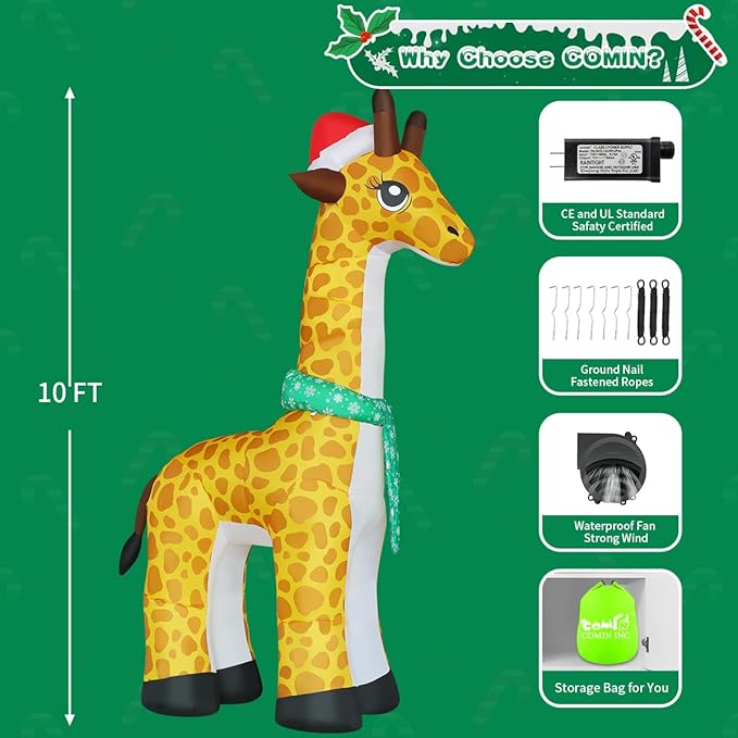 COMIN 10 FT Christmas Inflatables Outdoor Decorations Inflatable Nodding Giraffe with A Santa Hat Blow Ups with Built-in LEDs for Yard Party Lawn Decor