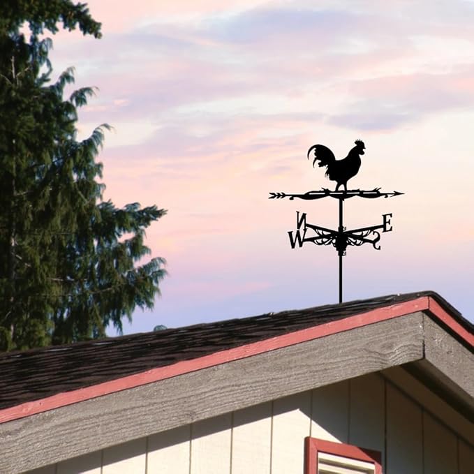 Black Stainless Steel Rooster Weathervane Roof Mount Iron Weather Vane Animal Wind Vane for Farmhouse Courtyard Garden Decor