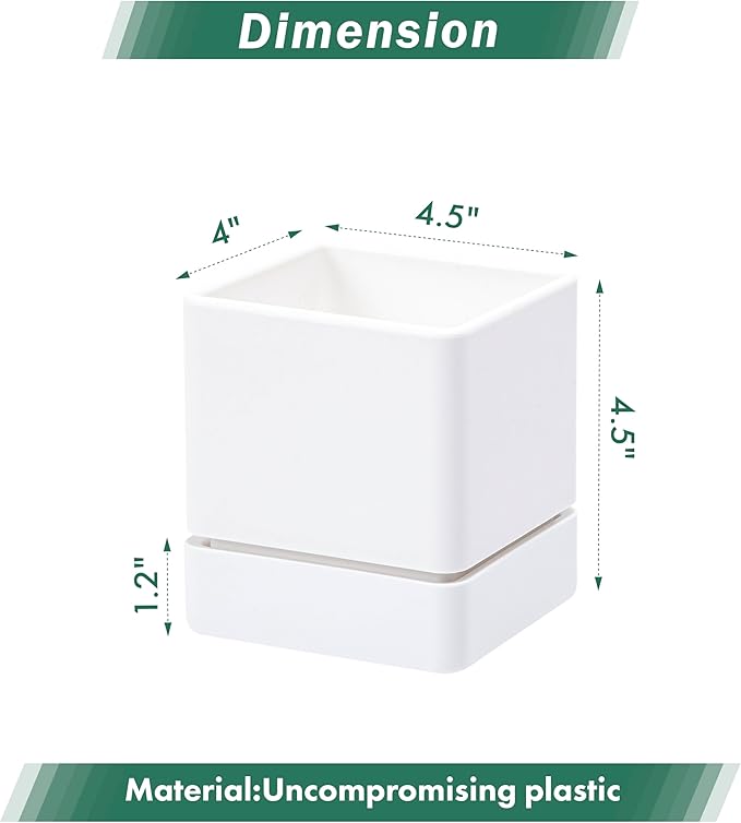 D'vine Dev 4 Inch Herb Planter Pot, Plastic Planter with Drainage Holes and Saucer, Modern Decorative Gardening Pot for Indoor Plants, Flowers, Herbs, Succulents, White, Set of 6, 76-Y-A6-1