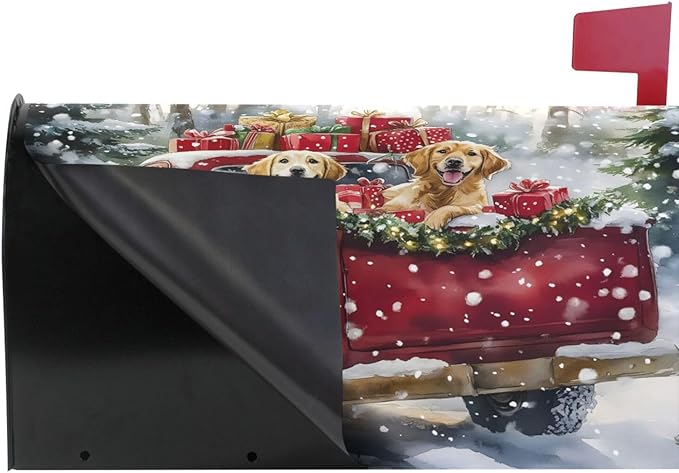 ALAZA Christmas Red Truck Dog Snowflakes Magnetic Mailbox Cover MailWraps Garden Yard Home Decor for Outside Oversized-25.5" x20.8"