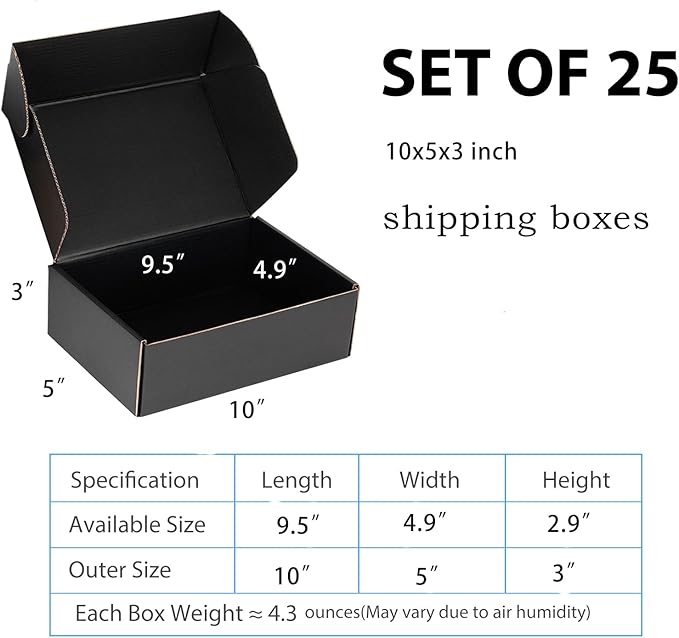 Small Shipping Boxes 10x5x3 Inch (25 Pack) - Sturdy Black Corrugated Cardboard Boxes for Small Business, Ecommerce, Mailing & Packaging | Recyclable Gift & Storage Boxes