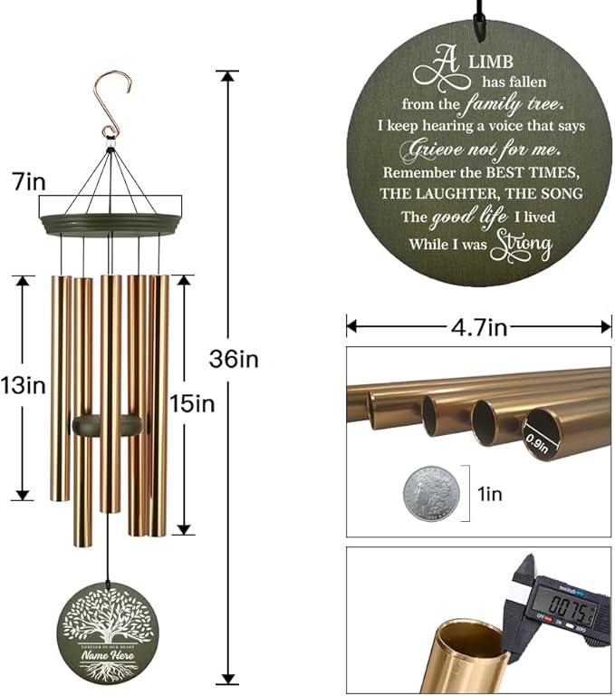 Personalized Wind Chimes, Life Tree Sympathy Wind Chimes, Memorial Gifts, in Loving Memory of, Windchime for Loss of Loved Dad/Mom, 36inch Deep Tone Wind Chime Outside (Produced in USA)