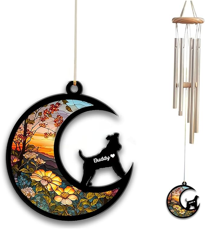 Fox Terrier Sun Catcher Wind Chime, Custom Sunflower Suncatcher Dog Memorial Wind Chime, Dog Loss Gift, Dog Sympathy Gift, Pet Loss Suncatcher, Outdoor Garden Decor