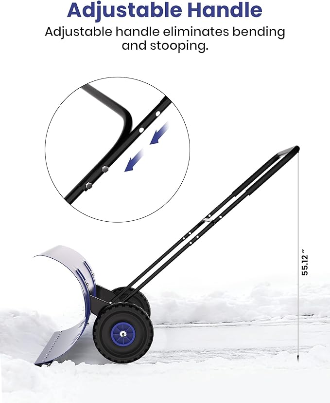 Snow Pusher with Wheels for Driveway, 36" Wide Heavy Duty Steel Blade, 2-Position Height Adjustment & 60° Tilt Handle, Ergonomic Push Snow Shovel with Ground Protection for Effortless Snow Removal