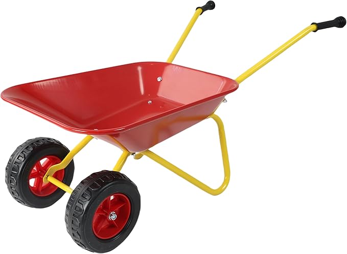 Kids Metal Wheelbarrow Trolley, Two-Wheeled Heavy Duty Utility Cart, Steel Pallet Tray Garden Cart for Children Outdoor Sand Toy Transport