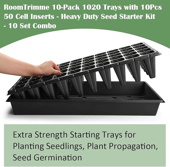 10 Pack 1020 Trays and 10 Pack 3.5" Deep 50 Cell Seed Starter Trays, 20" x 10" - Durable Plastic Nursery Flats for Microgreens, Seedling,Seed Germination & Plant Propagation (10 Set)