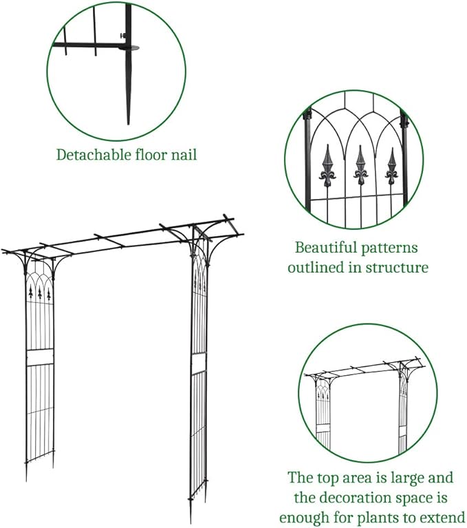 7FT Metal Garden Arch Trellis, Heavy Duty Metal Garden Arbor with Stakes for Climbing Plants Outdoor Patio, Stable Trellis Arch for Wedding Ceremony Party, 81" L x 16" W x 82" H, Black, 13mm