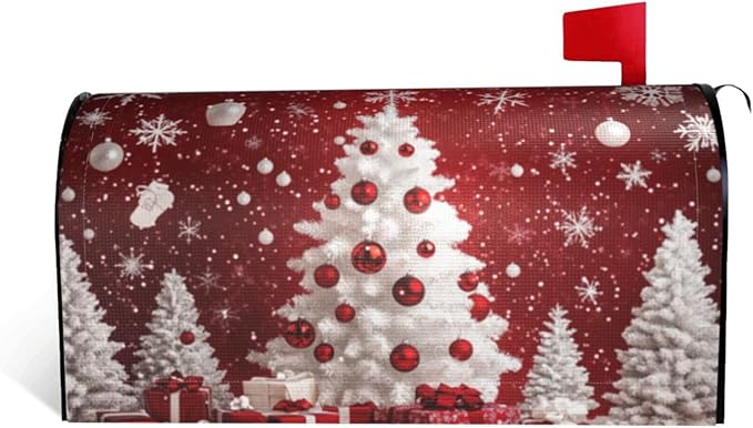 Festive Magnetic Mailbox Cover Red Christmas Tree Pattern Outdoor Mailbox Protector Holiday Seasonal Decorative Garden Yard Home Large Size 25.5 x 21 Inch