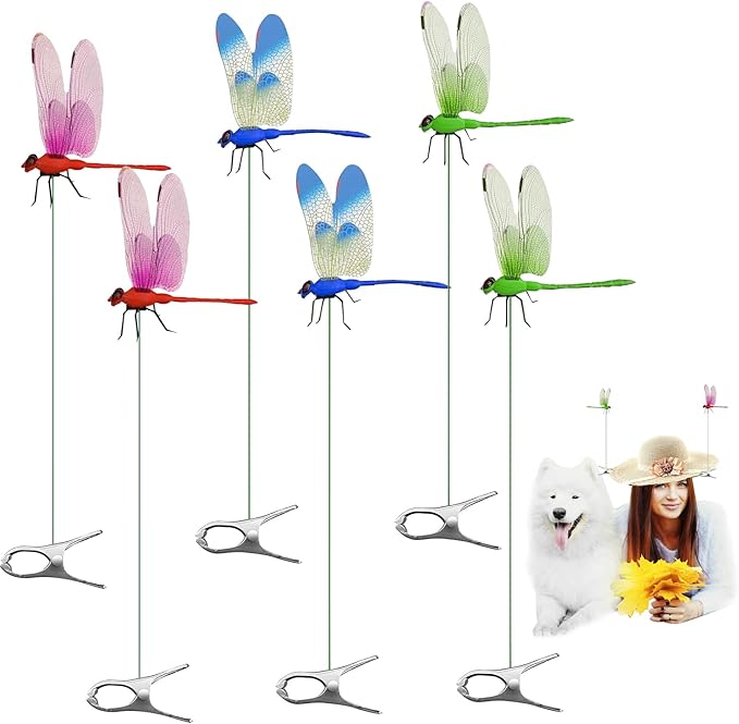 6 PCS Dragonfly Clip,3D Simulation Dragonfly Clips for Outdoor Indoor Fake Plastics Dragonfly for Garden Stakes Yard Patio Ornaments with Clip for Hat Clothes, Fly Scare Devices (6Pack Multicolor)