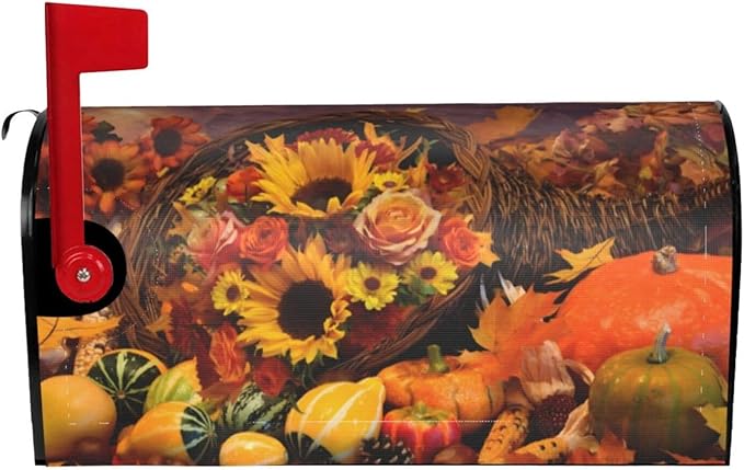 Thanksgiving Bounty Cornucopia Mailbox Cover, Autumn Fall Pumpkin Waterproof Magnetic Letter Box Cover, Standard Size Sunflower Mail Wraps Post Garden Decorations 21" Lx 18" W