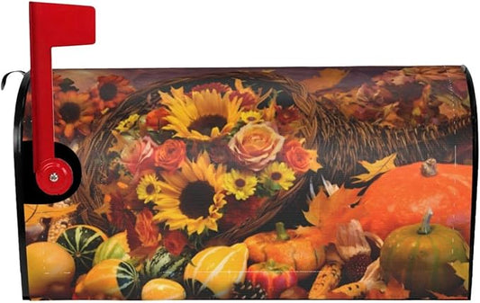 Thanksgiving Bounty Cornucopia Mailbox Cover, Autumn Fall Pumpkin Waterproof Magnetic Letter Box Cover, Standard Size Sunflower Mail Wraps Post Garden Decorations 21" Lx 18" W