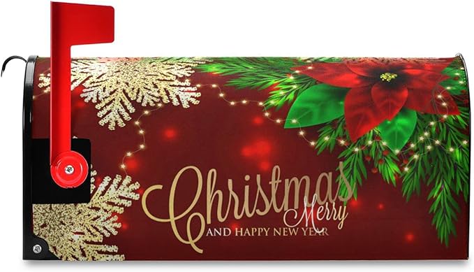 Christmas Poinsettia Flower Mailbox Cover Magnetic Mailboxes Wraps Letter Post Box Cover Decorative Standard Size 18x21 in Garden Yard Decor