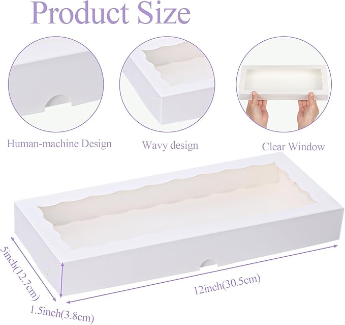 50pcs 12x5x1.5Inches White Bakery Boxes with Window Cookies Boxes Chocolate Truffle Boxes Macaron Boxes Cakesickle Boxes Browines Treat Boxes for Christmas Valentine's Easter Mother's Day
