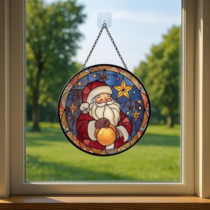 Stained Glass Window Hanging – 6.3 in Santa Claus Panel with Chain， Bathroom Front Door Living Room Garden Christmas Holiday Decor， Gift for Mom Wife Lovers