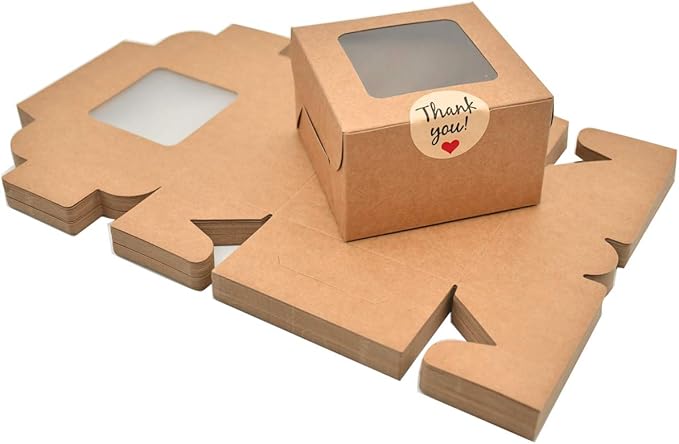LINSHRY 50 Pack Brown Bakery Boxes, 4x4x2.5 Inches Small Pastry Treat Boxes with Window Gift Packaging Boxes for Cookies, Pastries, Mini Cakes, Donut, Pie Slice, Stickers Included