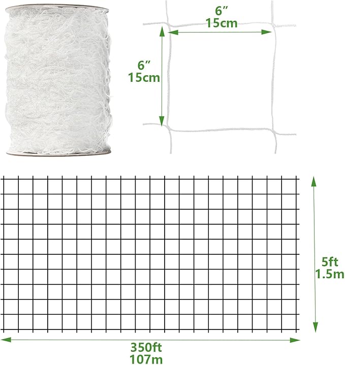 Nylon Trellis Netting Roll 5 x 350 ft, 6 Inch Soft Mesh, Heavy Duty Reinforced Garden Plant Support Mesh for Vertical Growing, Climbing Plants