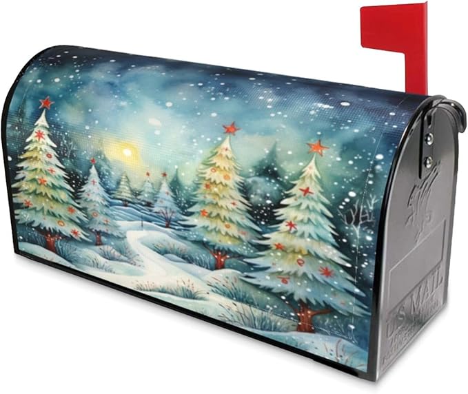 DADABULIU Mailbox Covers Christmas Tree Watercolor Winter Forest Christmas Tree Watercolor Winter Forest Magnetic Letter Post Box Cover Standard Size 25.5 x 21 Inch Garden Yard Home Decorative