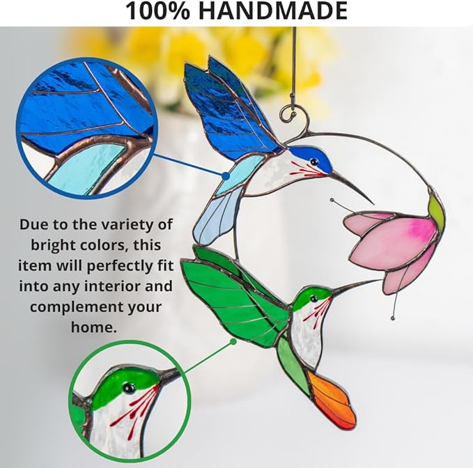 Hummingbird Cardinal Birds Stained Glass Suncatcher Genuine Stained Glass Window Hangings Unique Indoor Ornament & Outdoor Decor (Pair Flying Hums)