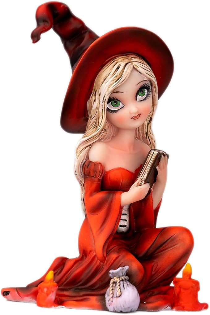 WingsHalloween Witch Resin Statue - Handheld Book Ornament (Red Hat and Red Dress) Living Room Bookshelf Magic Theme Home Decoration Birthday Gift Festival Party