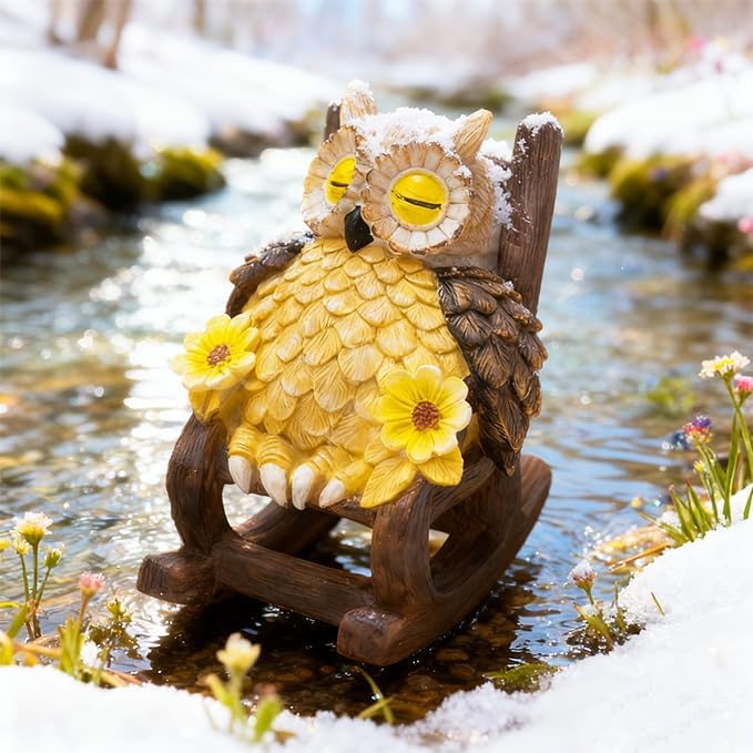 Light Up Owl on Chair Garden Sculpture, LED Solar Powered Owl Lying on The Chair Centerpiece, Cute Figurine Statue for Home Fireplace Outdoor Collection Decoration, 6x4.5x3.3 in
