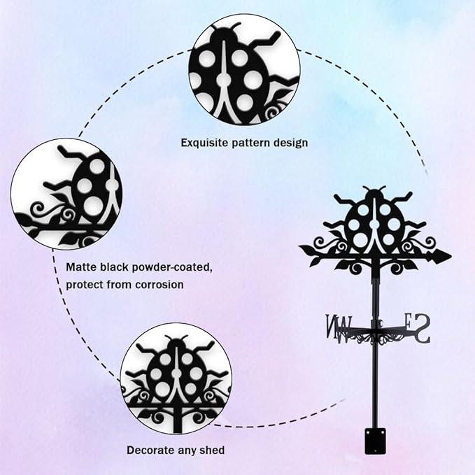 Ladybug Weathervane Metal Wind Vane Animal Ladybird Garden Art Decoration Direction Sign Indicator Stake Mount Ornament for Patio Lawn Farmhouse Yard Roof Outdoor