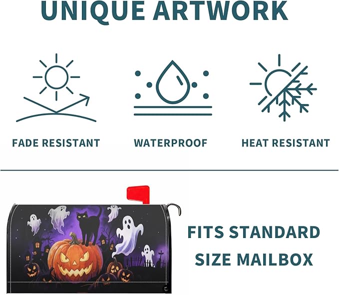 Halloween Spooky Ghost Pumpkin Mailbox Covers Magnetic Standard Size Black Cat Mailbox Wraps Holiday Themed Outdoor Decorative Letter Box Cases for Home Garden Outside Decor, 21x18 Inch