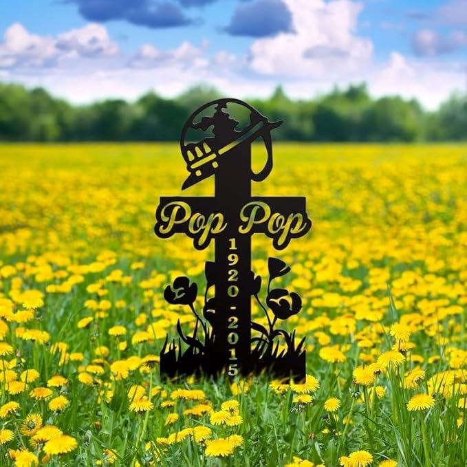 Personalized Soldier Memorial Metal Stake with Poppy – Custom Cross Sign, Remembrance Plaque, Garden Grave Marker (Soldier Memorial)