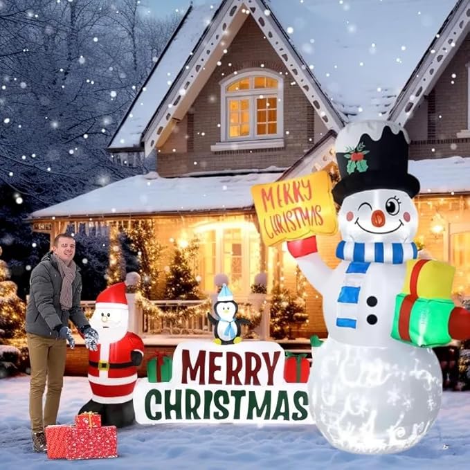BeBecome 6ft Light-Up Inflatable Snowman Outdoor Christmas Decoration with Merry Christmas Sign, All-Weather Blow Up Yard Decor for Holiday Lawn