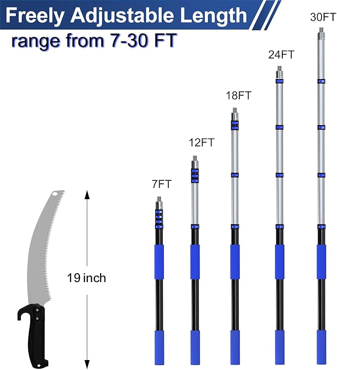 36FT Pole Saw, Telescoping Tree Trimmer with 7-30FT Extension Pole, Manual Branches Pruner for Backyard, Blue