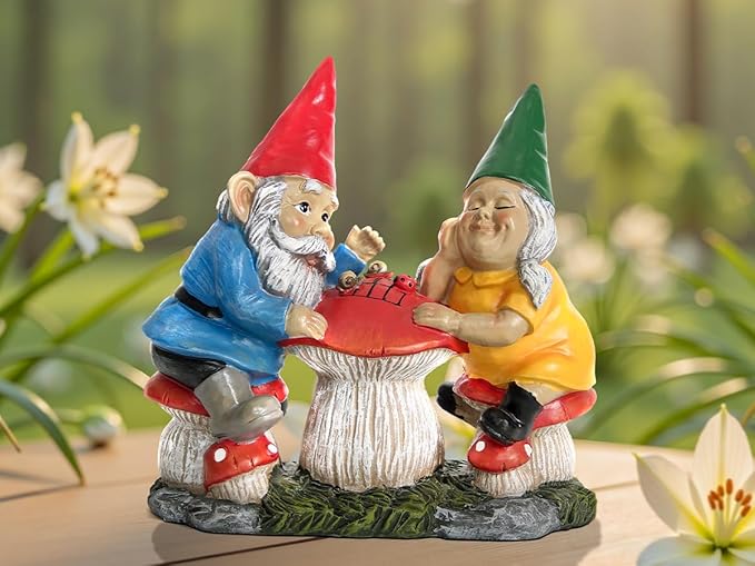Garden Gnome Statue for Outdoor Decoration, Couple Gnome Figurine on Mushroom for Outside, Garden Mr and Mrs Gnome Playing Chess Sculptures for Yard Lawn Patio Decor, Love Gifts for Women